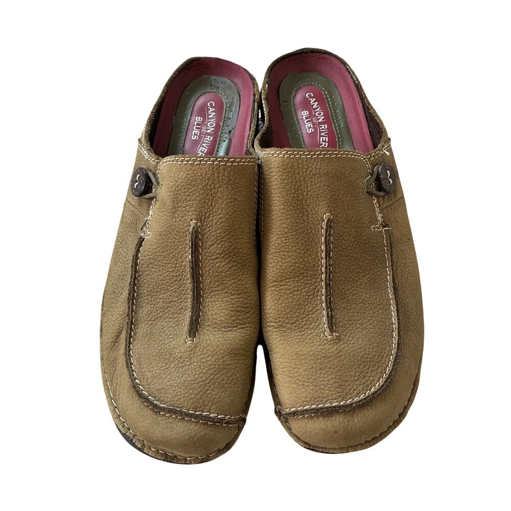 Canyon River Blues Vintage Leather Slip On Mule Clogs Brown Flat Shoes Size 9.5